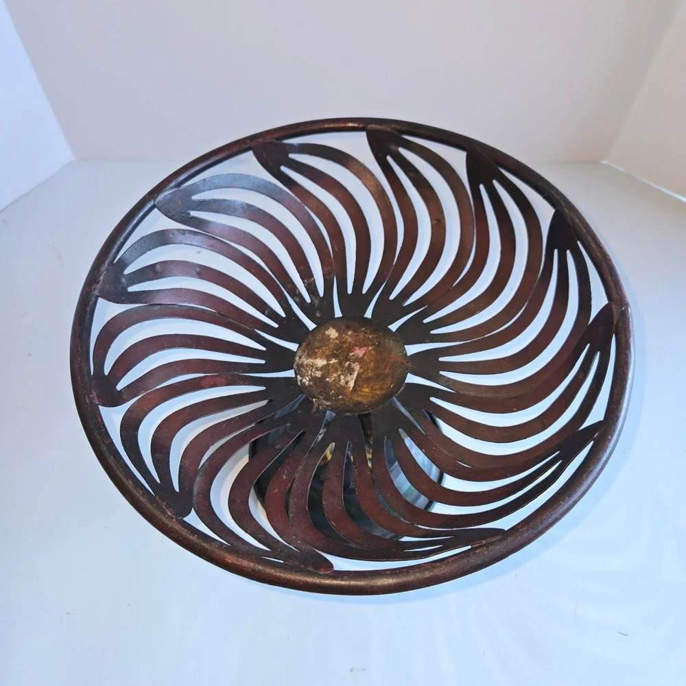 Vintage Pedestal Fruit Bowl Swirl Design Rustic Brown Metal 9 Inch